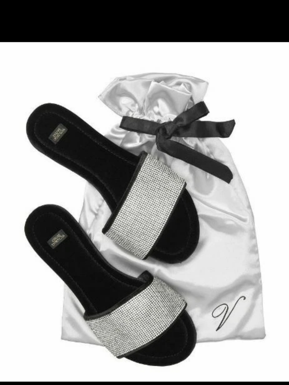 Victoria’s Secret Bling Crystal Velvet Slide Slippers Black Size L 9-10